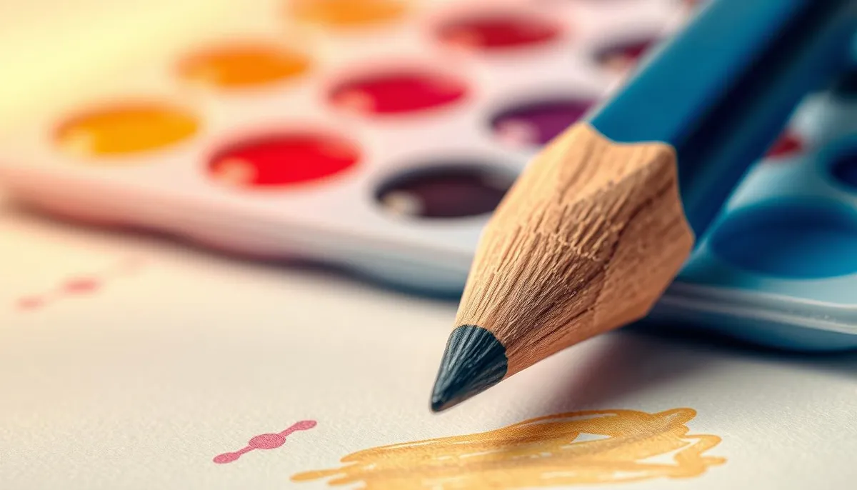Dessin artistique d'un crayon et d'une palette de couleurs.
